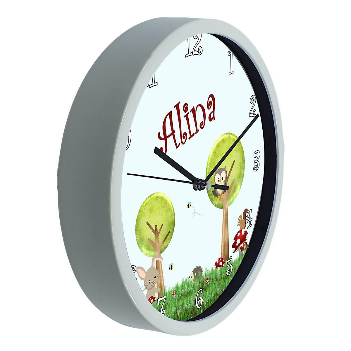 Kinder Wanduhr laufruhig personalisiert mit Name Waldwiese