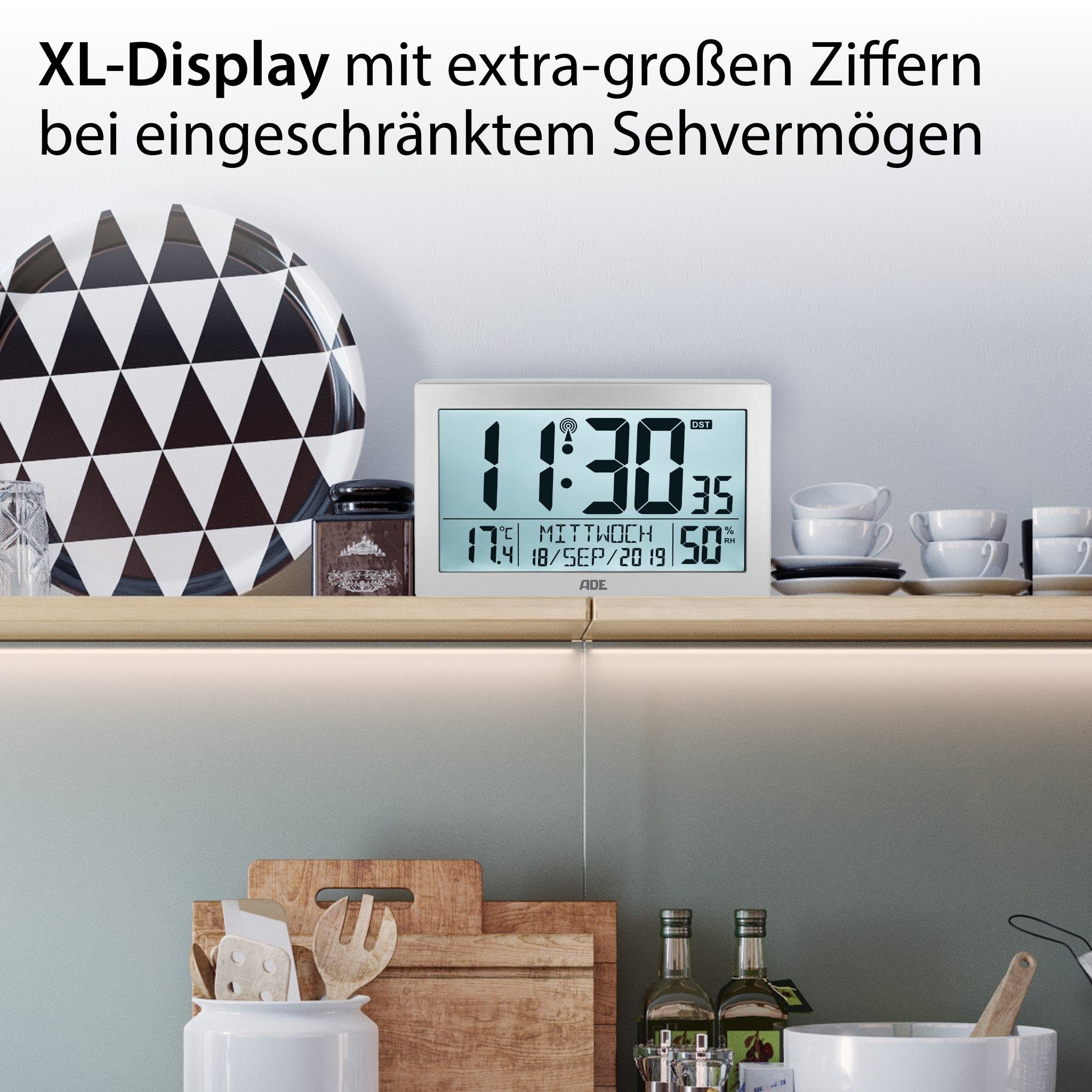 ADE Funktischuhr Digitale extragroße Wand- oder Tischuhr mit Beleuchtung mit Temperaturanzeige und Luftfeuchtigkeit, ideal für Senioren