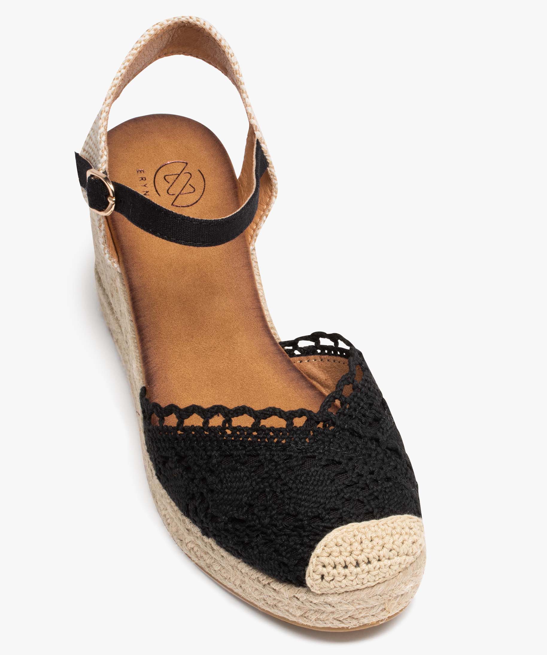 Sandales femme compensées en jute avec dessus brodé noir | GEMO
