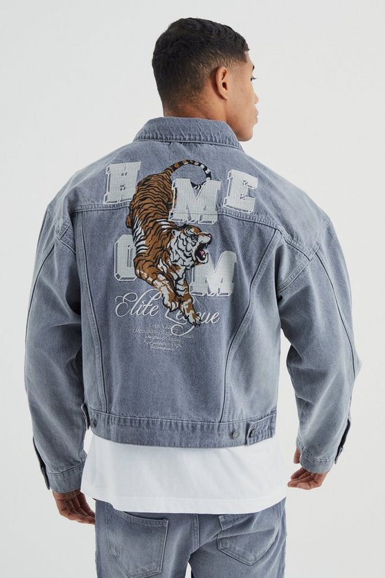 Kastige Jeansjacke mit Tiger-Applikation