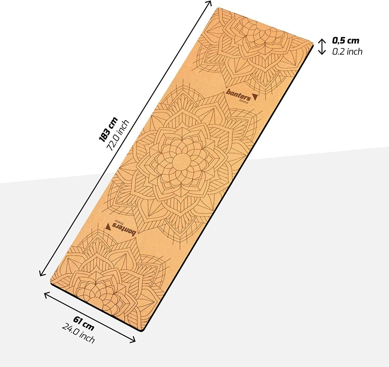 BANTERS Yogamatte aus Kork und Naturkautschuk, 100% recyclebar, 183x61x0,5 cm, mit Gurt aus Baumwolle