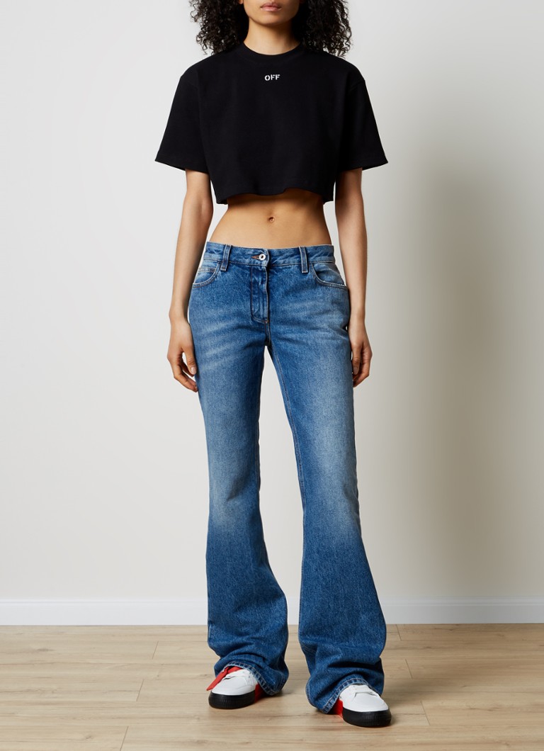 Top corto Off-White Off Stamp con texture a coste e logo ricamato.