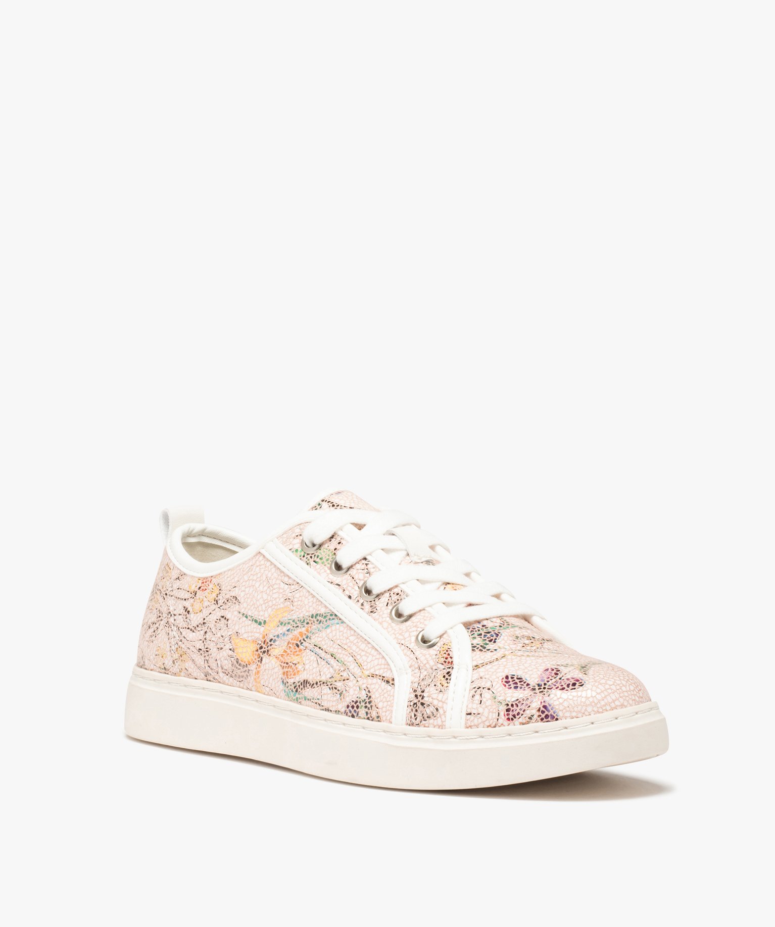 Baskets femme à motifs fleuri avec vernis effet craquelé rose | GEMO