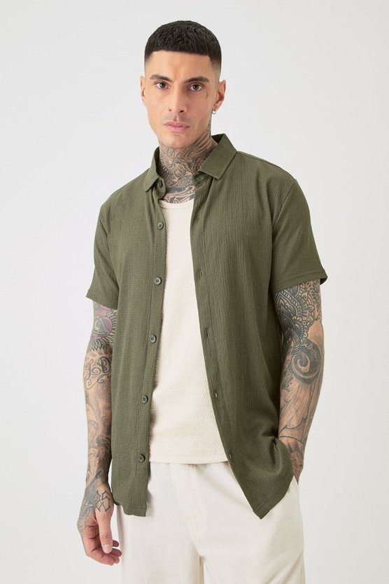 Tall kurzärmliges strukturiertes Hemd in Khaki