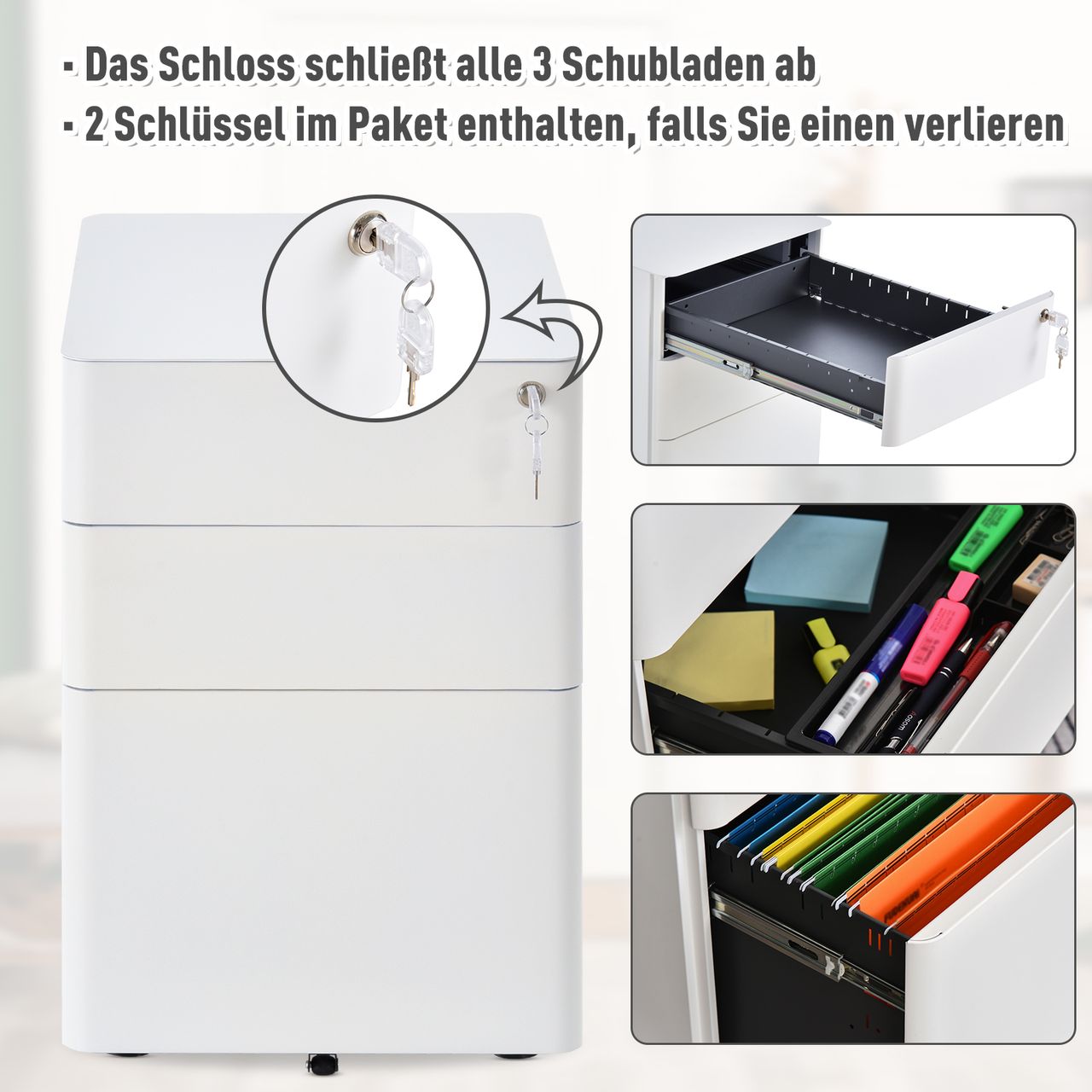 Vinsetto Rollcontainer, mobiler Aktenschrank mit 3 Schubladen, Büroschrank, Aufbewahrung, Stahl, Weiß, 39 x 48 x 59 cm