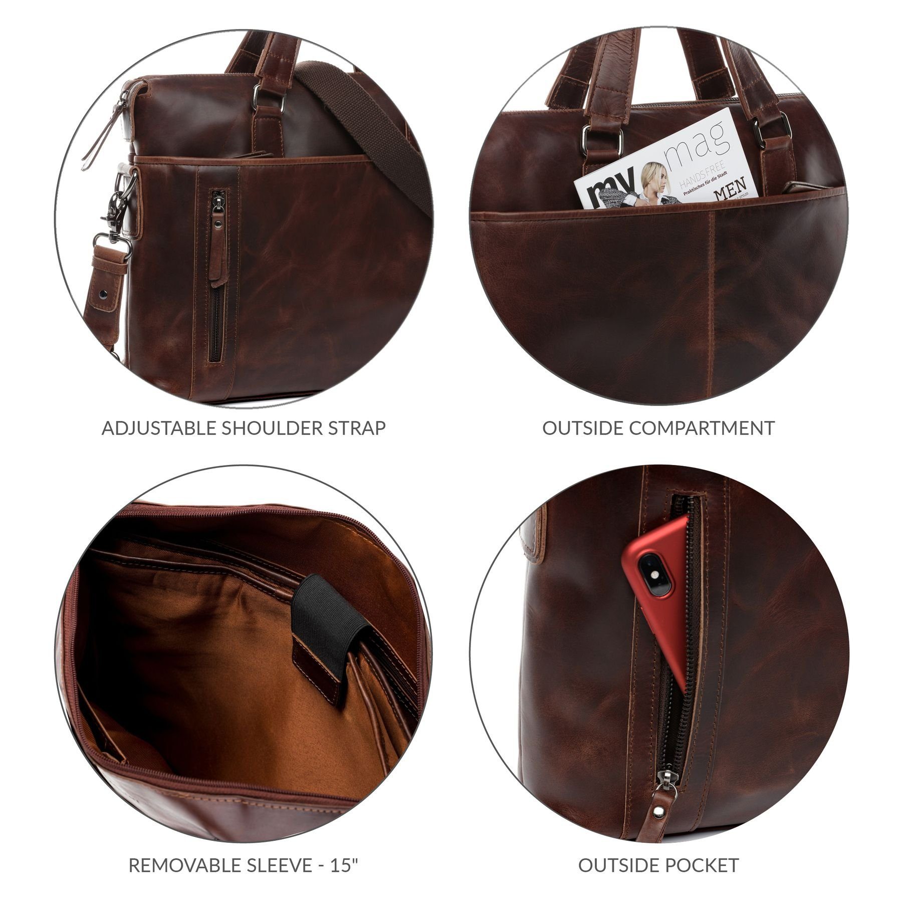 BACCINI Laptoptasche Leder Businesstasche Unisex LEANDRO, Laptoptasche 15,4 Zoll, Aktentasche Echtleder Damen Herren braun