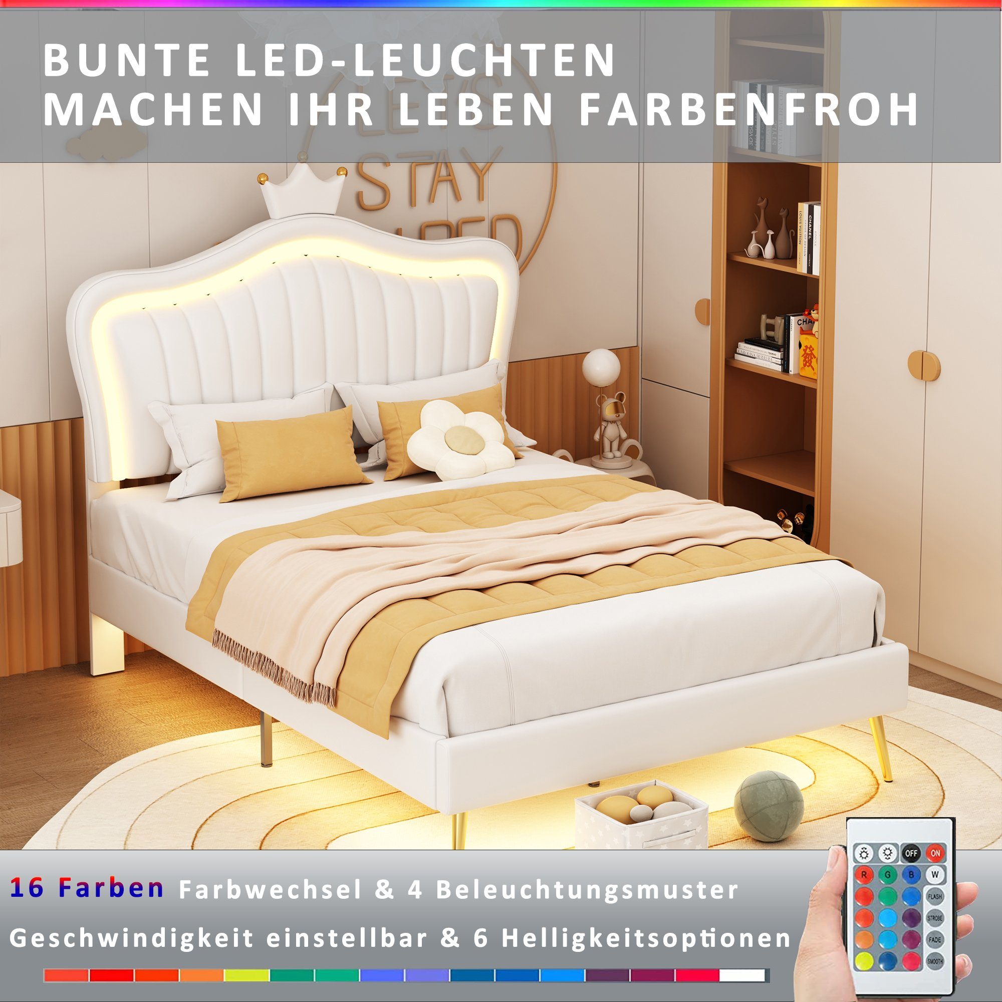 HAUSS SPLOE Polsterbett Polsterbett Funktionsbett Bettrahmen KInderbett (Bettgestell für Mädchen, weißes Kronen-Doppelbettgestell aus Leder, mit LED-Leuchten, Lattenrost und Rückenlehne 90 x 200 cm)