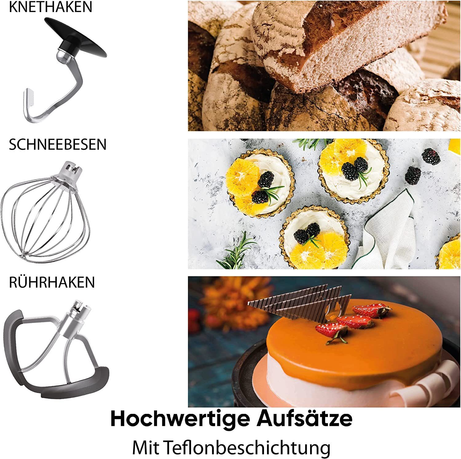 Heinrich´s Multifunktions-Küchenmaschine HKM 6278, 1300 W, 6,20 l Schüssel, XL 6,2L Edelstahlschüssel mit Spritzschutz, 3 Aufsätze, 11 Stufen