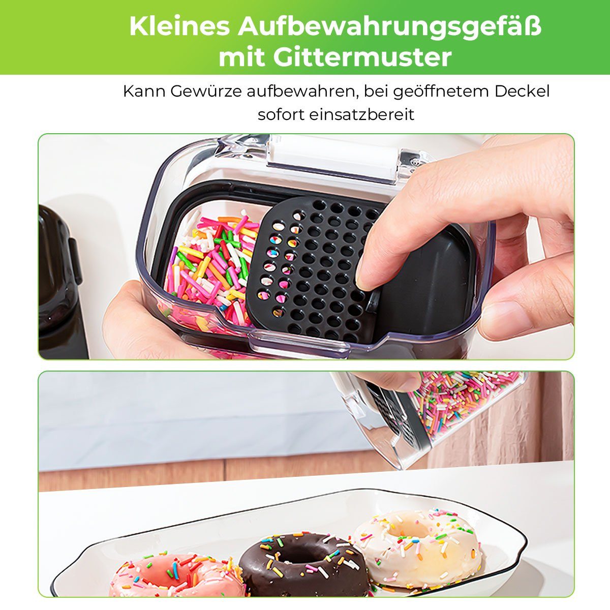 7Magic Vorratsdose 4-tlg Aufbewahrungsbox Küche Organizer Insgesamt 8950ml Vorratsdosen, AS+ABC+Silikon, (4-tlg), Vorratsdosen-Set mit großer Öffnung, inklusive Löffel und Sieb