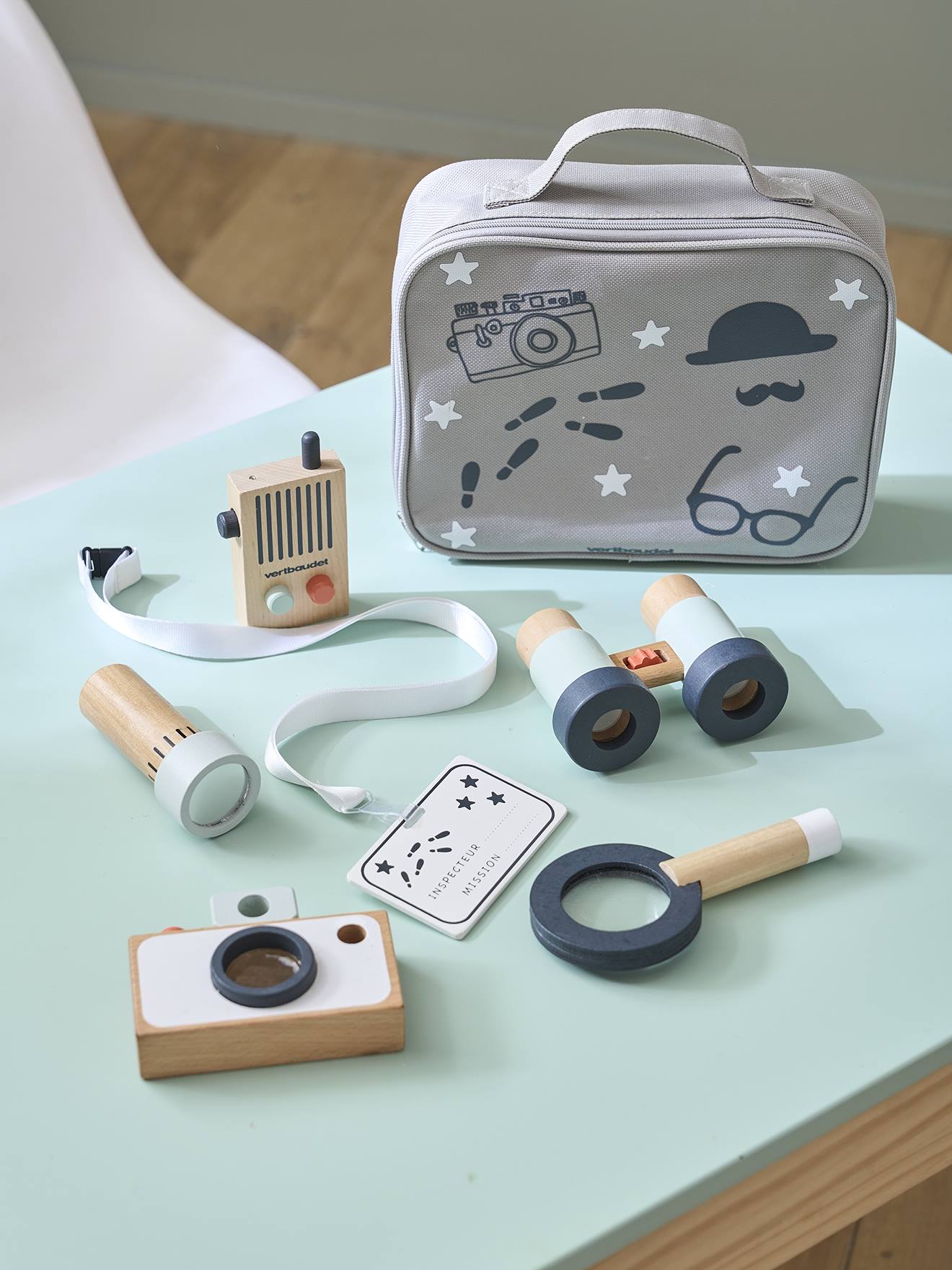 Vertbaudet Kinder Detektiv-Set, Holz FSC - grau