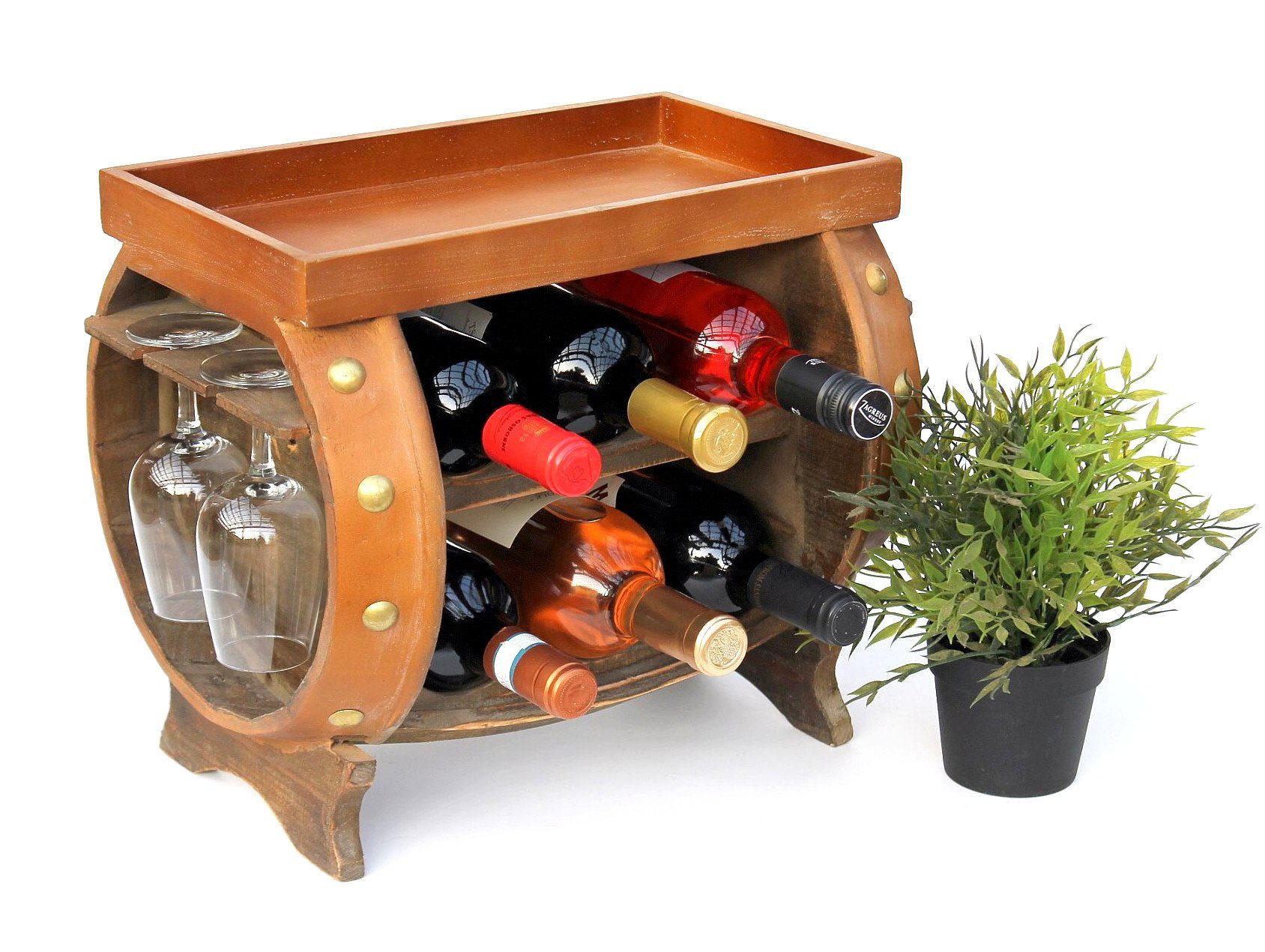 DanDiBo Weinregal Weinregal Holz Weinfass Braun 33 cm 9064 Bar Flaschenregal Flaschenständer Klein Fass Holzfass mit Glashalter