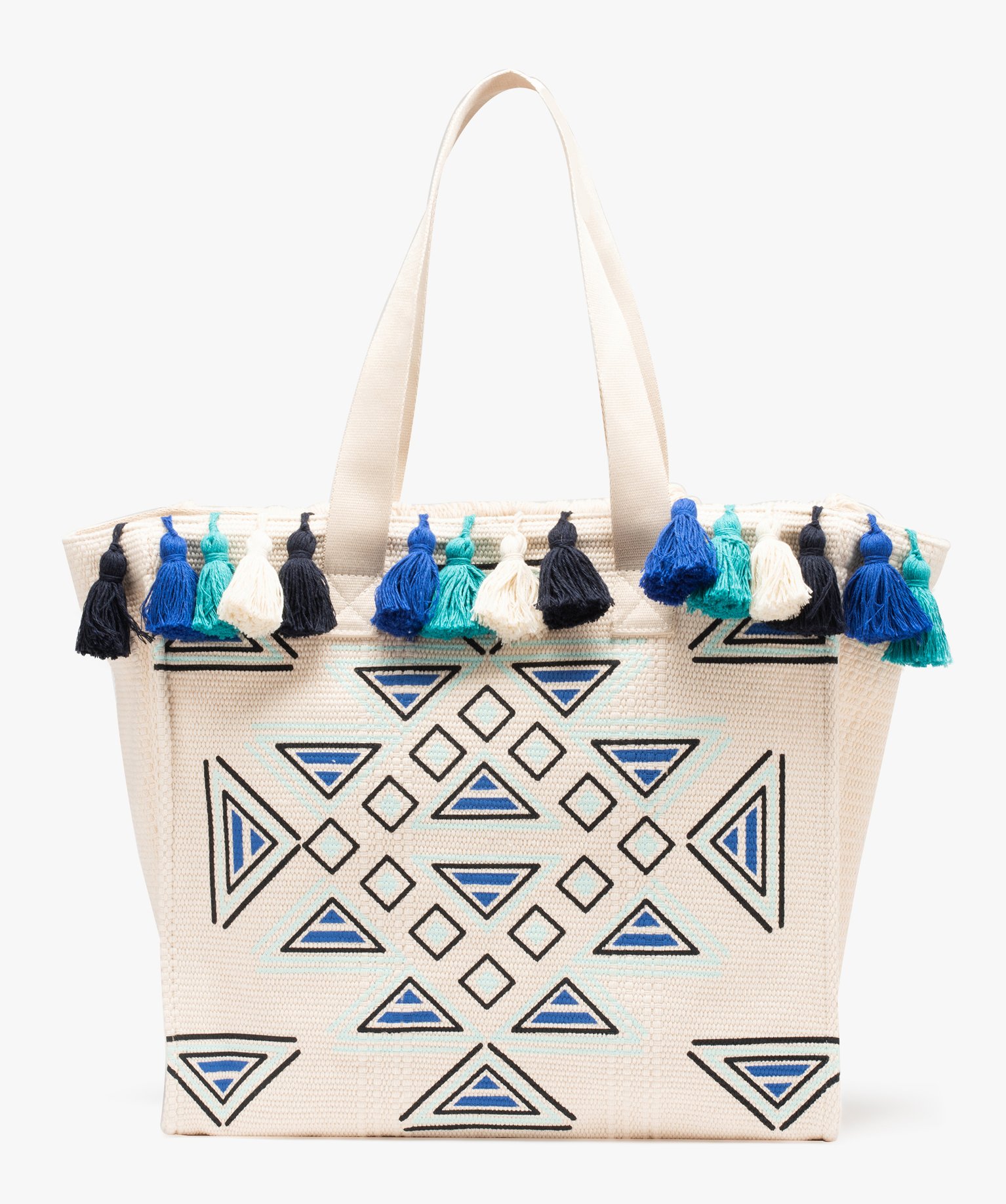 Sac cabas en toile avec pompons, franges et motifs géométr... beige | GEMO