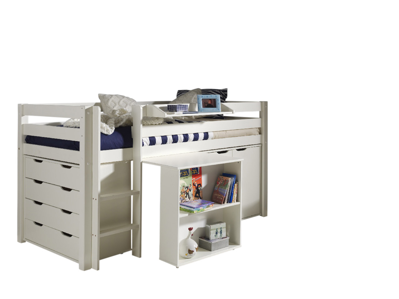 VIPACK Spielbett Pino mit Schreibtisch, Schubladenkommde, Hängeregal und Kommode 2-trg.