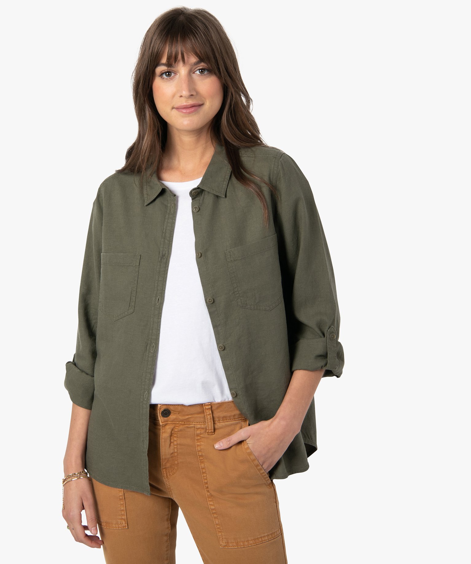 Chemise femme unie en lin et viscose kaki | GEMO