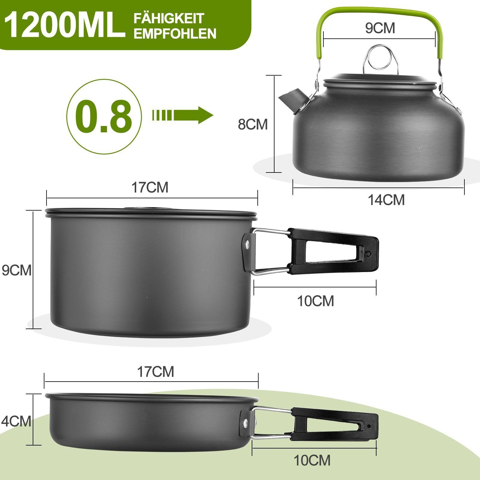 MDHAND Gaskocher Geschirr-Set Tragbar Kochgeschirr Topf Kocher Set,Aluminium, (15-St), mit Faltender Löffel Gabel Cutter Cup für 2 bis 3 Personen