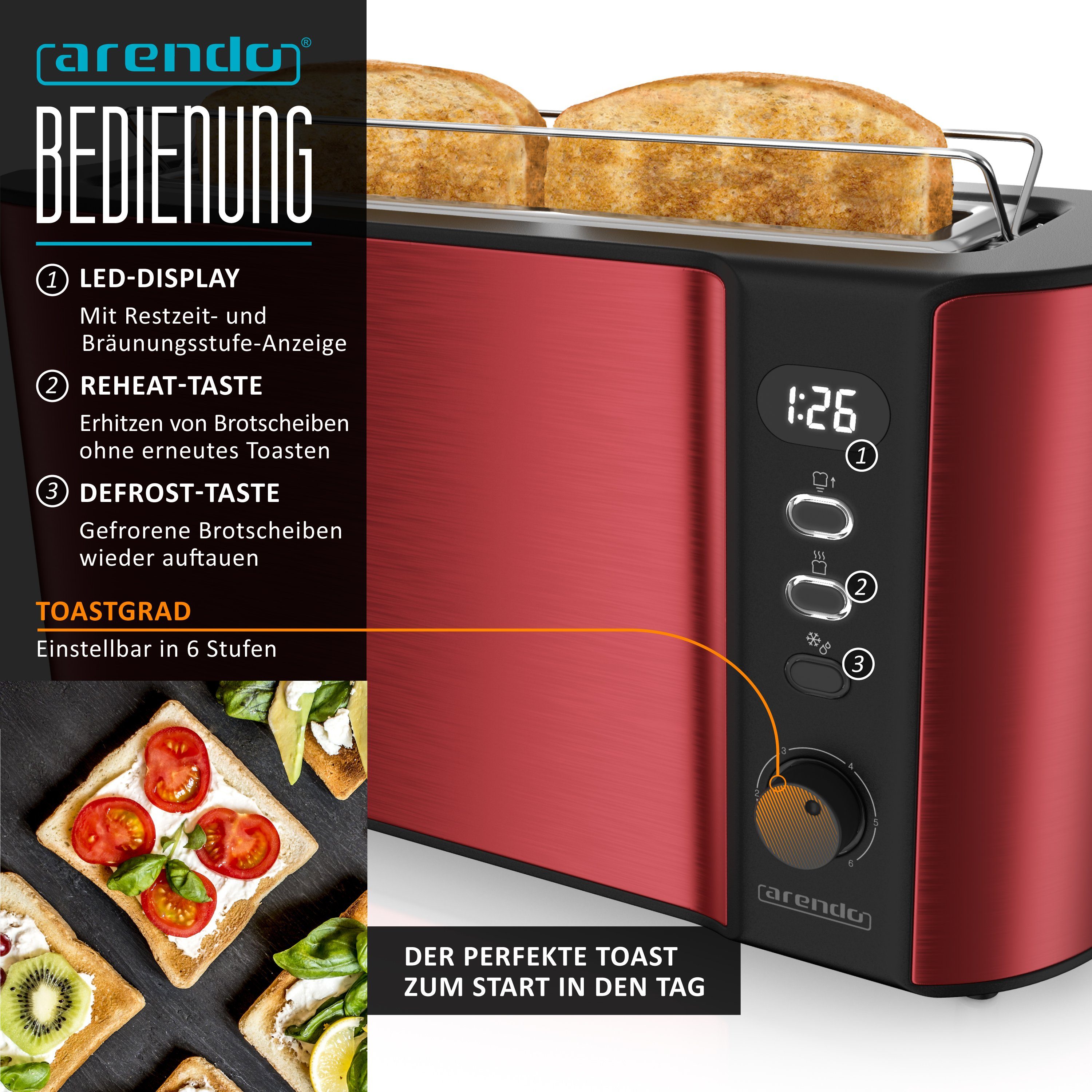 Arendo Frühstücks-Set (2-tlg), Edelstahl Wasserkocher 1,5l, 2-Scheiben Langschlitz Toaster, Rot