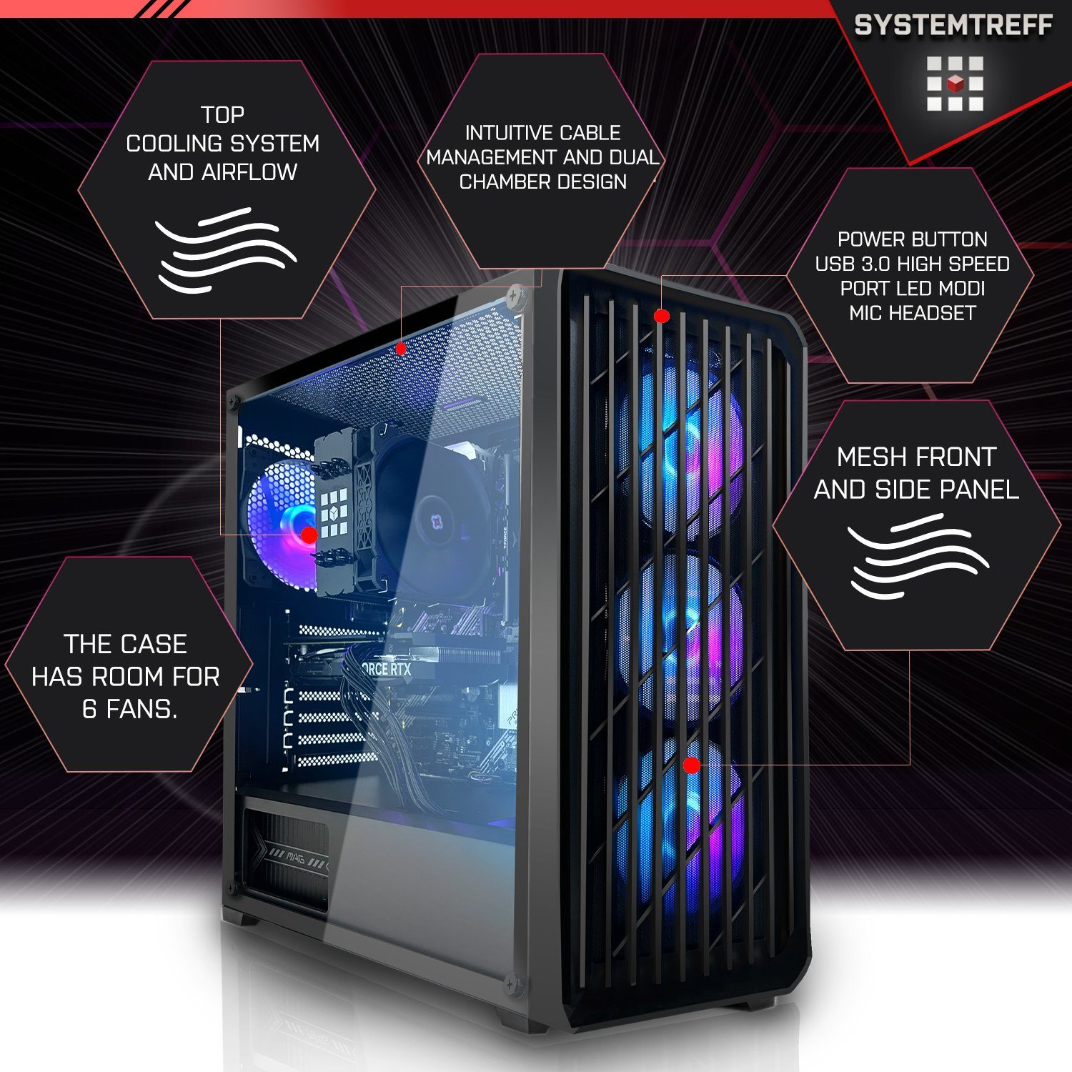 SYSTEMTREFF Gaming-PC (Intel Core i5 12400, GeForce RTX 3060, 16 GB RAM, 512 GB SSD, Luftkühlung, Windows 11, WLAN)