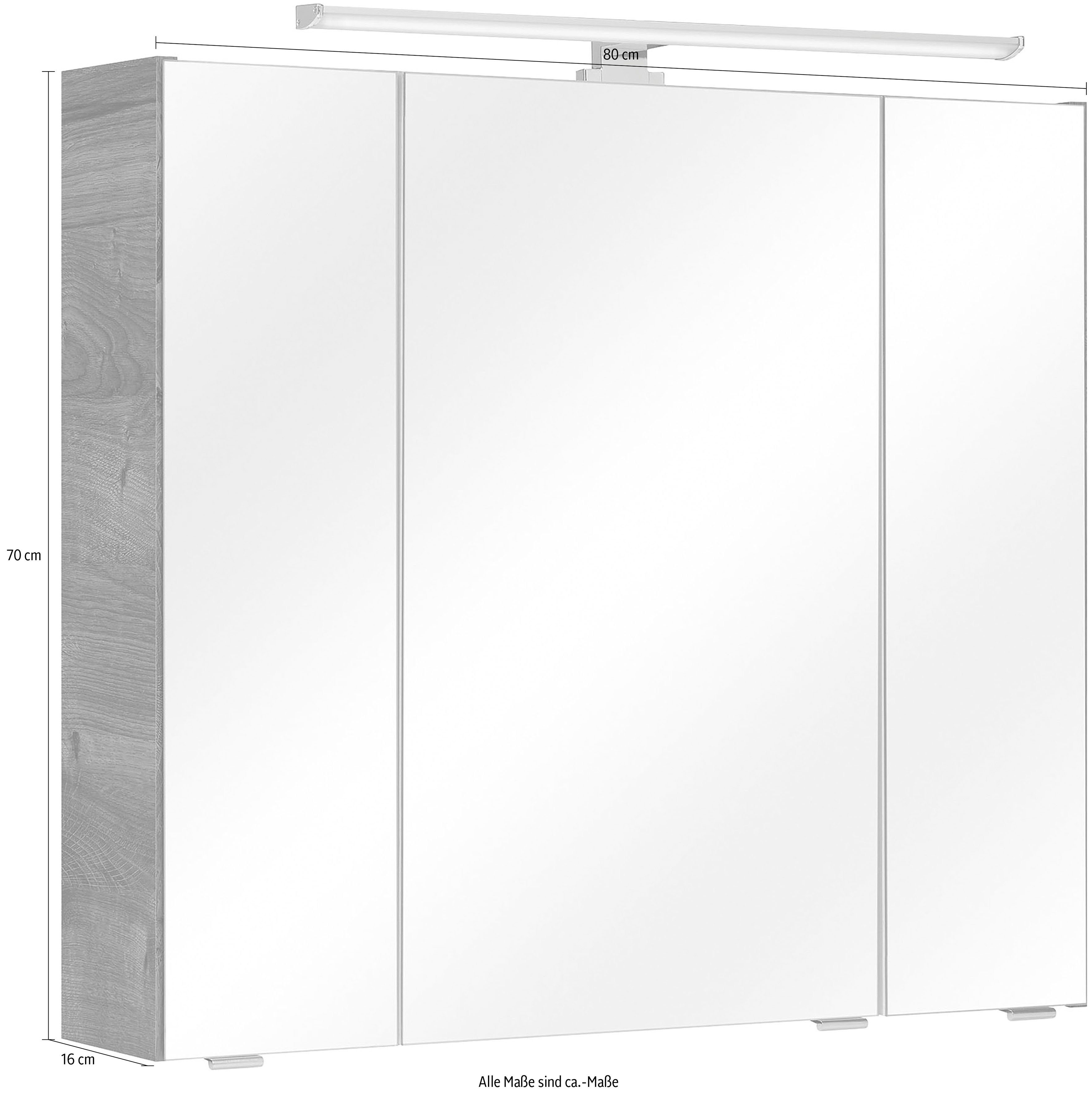 PELIPAL Spiegelschrank Quickset Breite 80 cm, 3-türig, LED-Beleuchtung, Schalter-/Steckdosenbox