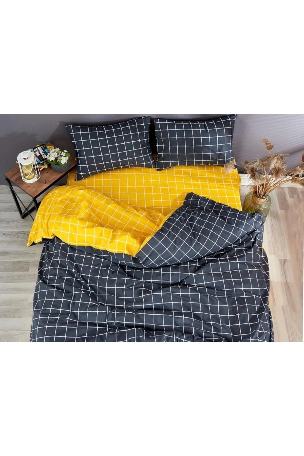 Çeyiz Diyarı  Pari Doppelbett-Bettbezug-Set, Grau, Gelb