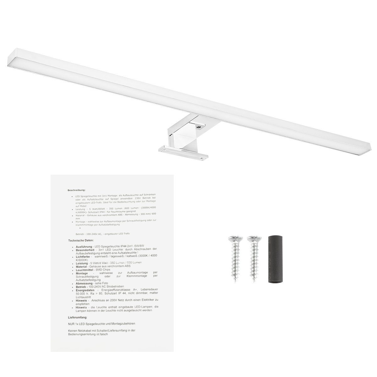 LETGOSPT Spiegelleuchte LED Wandleuchte, 30cm 60cm LED Spiegellampe 230V, LED fest integriert, Kaltweiß, Aufbauleuchte + Klemmleuchte, Schminklicht, Schrank-Beleuchtung 230V