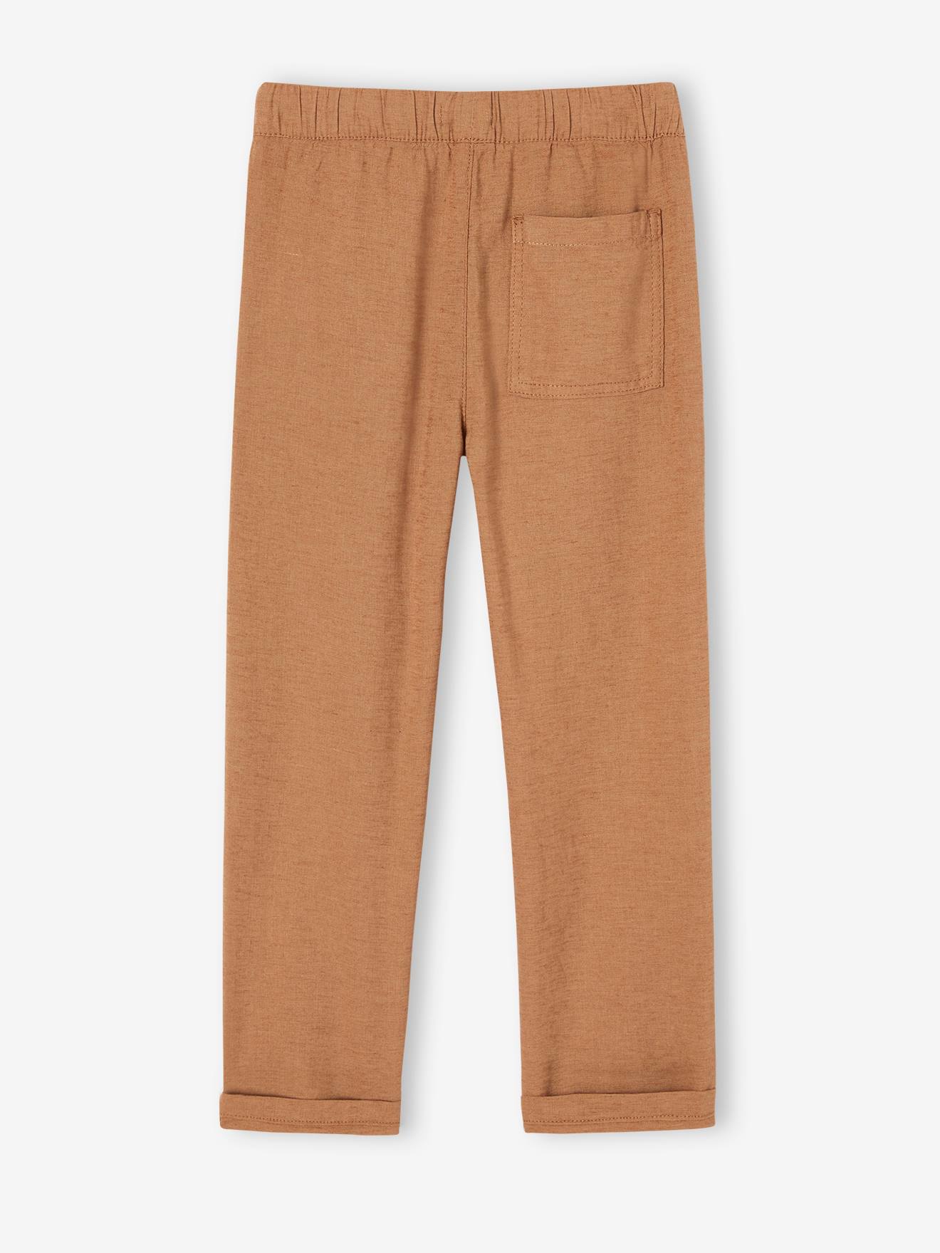 Pantalon léger garçon en coton/lin noisette