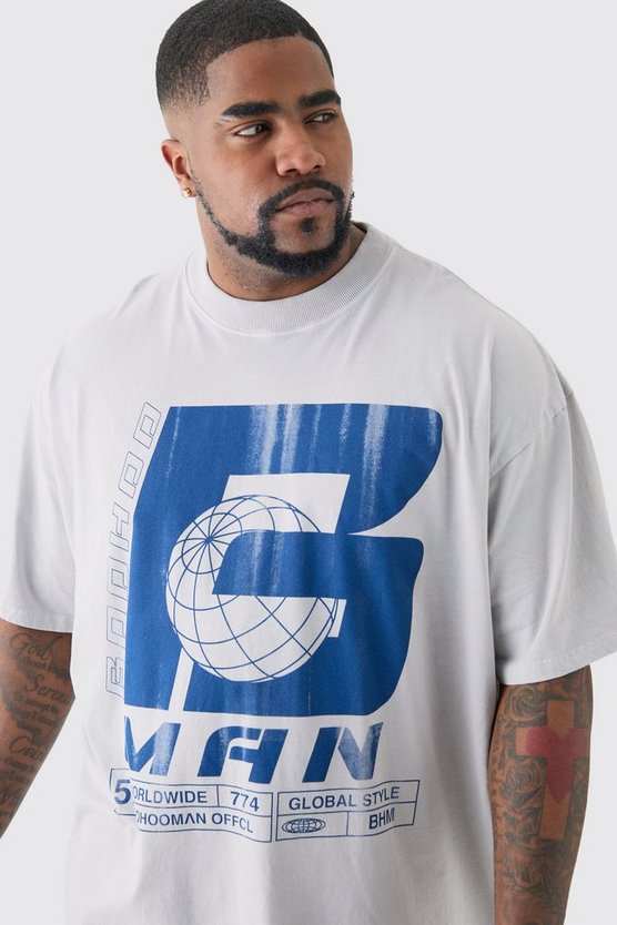 Plus Oversize 'B' Man T-Shirt in Grau