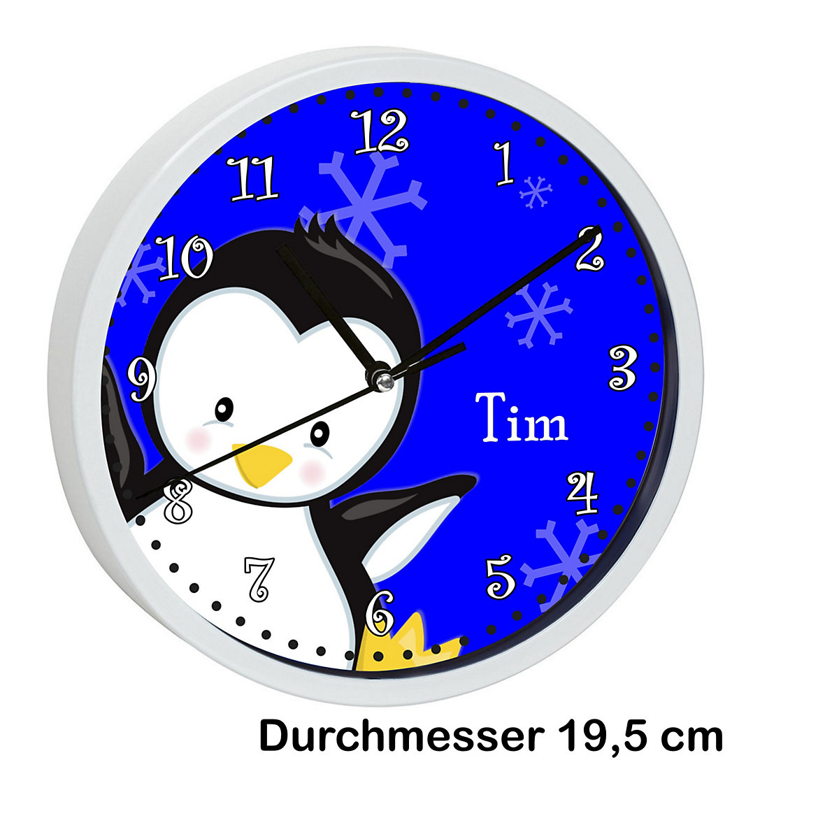 Kinder Wanduhr personalisiert mit Name Pinguin blau