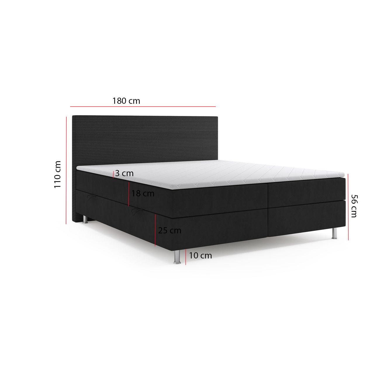 Möbel Punkt Boxspringbett PISA mit Bettkasten 180 x 200 cm Webstoff Schwarz Bett Bettkasten Topper