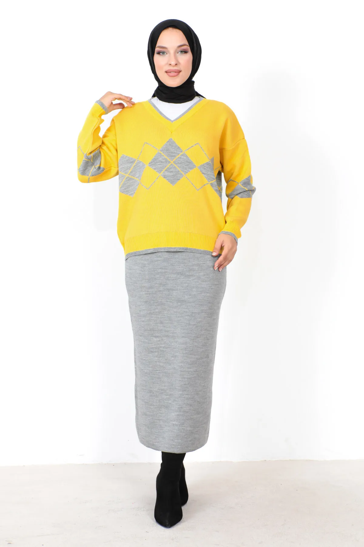 Tesettür Dünyası  Strickanzug mit Rock TSD230901 Grau