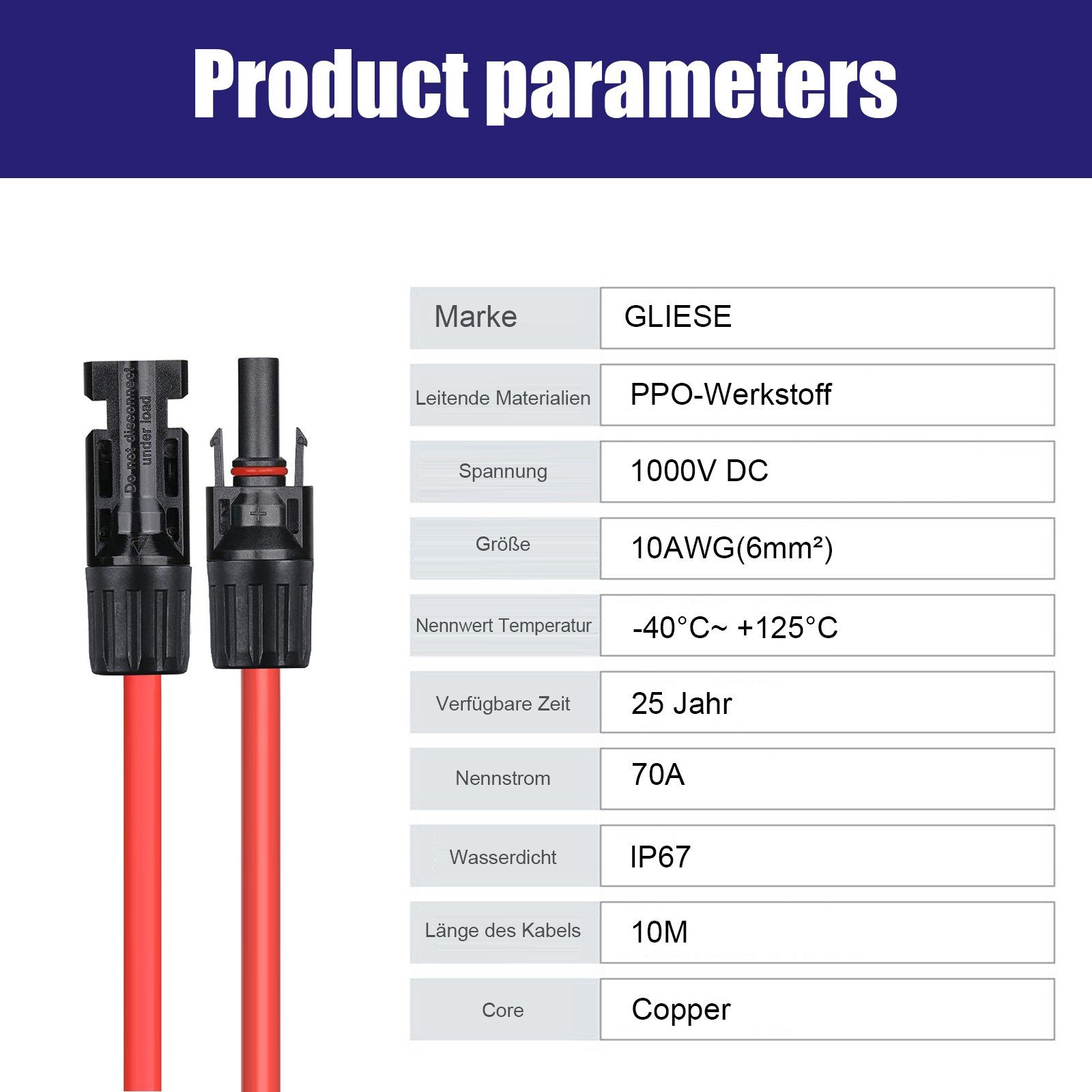 GLIESE Solaranlage 1paar 6mm2 rot + schwarz Solarkabel 32.8-49m mit Stecker, (1 Paar Solarkabel)