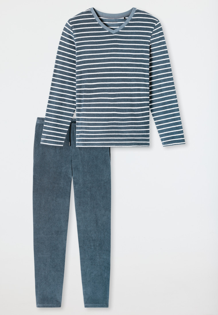 Schlafanzug lang Frottee Streifen jeansblau - Casual Nightwear
