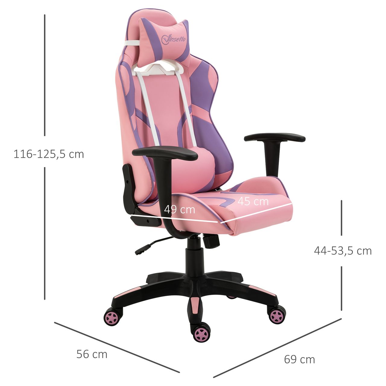 Vinsetto Ergonomischer Gaming Stuhl Bürostuhl Drehstuhl Verstellbares Massage Lendenkissen Höhenverstellbar Rosa&Violett 69x56x125,5 cm