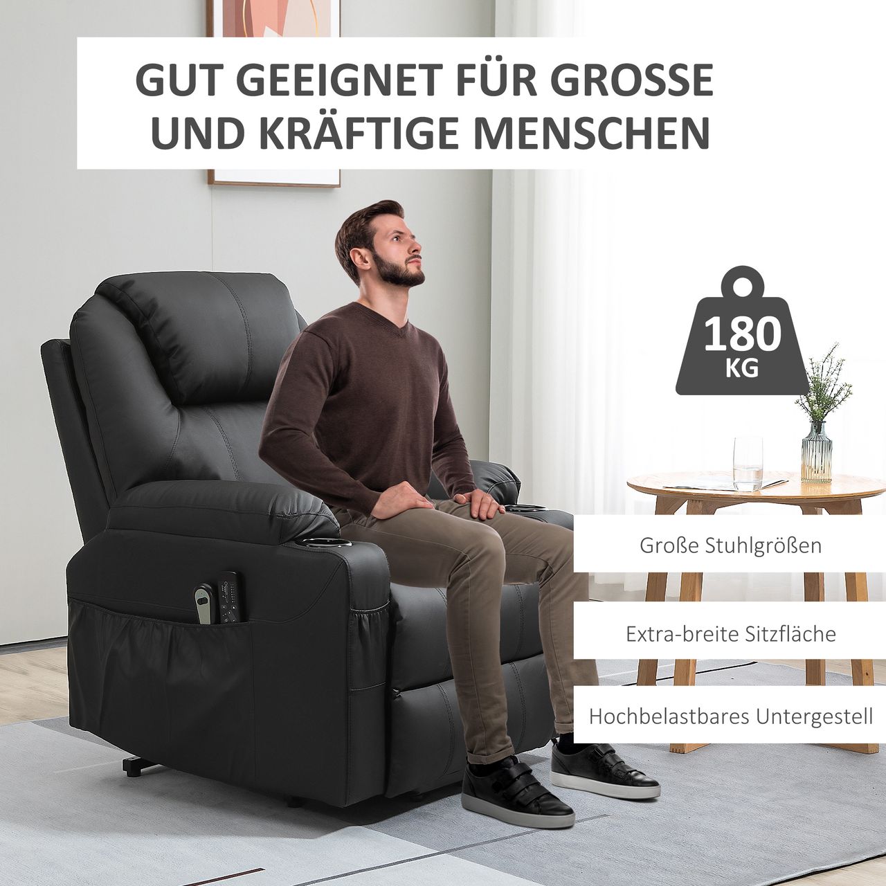 HOMCOM Elektrischer Aufstehsessel, Massagesessel mit Liegefunktion, Schwarz