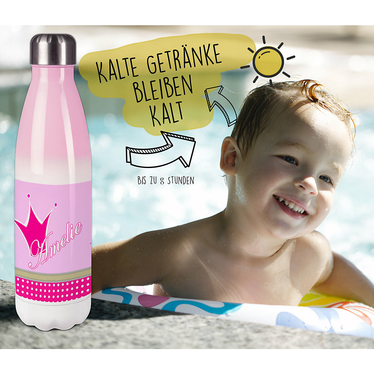 Edelstahl Kinder Thermoflasche / Trinkflasche bunt Krone Farbe pink Spülmaschinenfest, Auslaufsicher, Bruchfest, Doppelwandig, Für Heißgetränke geeignet, Mit Deckel, Isoliert