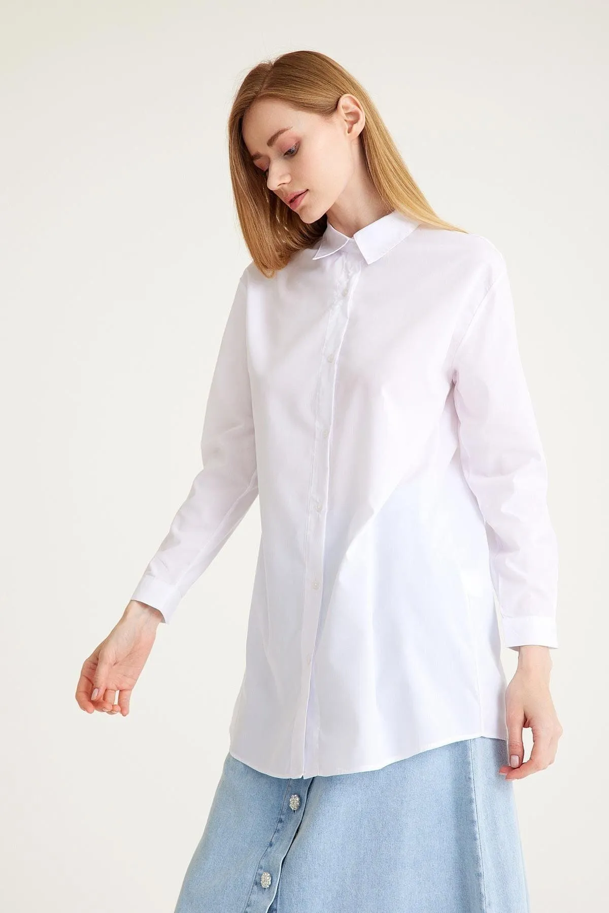 Olcay  Set aus Weste, Hemd und Rock mit Schmucksteinen und Knöpfen, Dreifach-Jeansstoff, BLAU 9228-TK