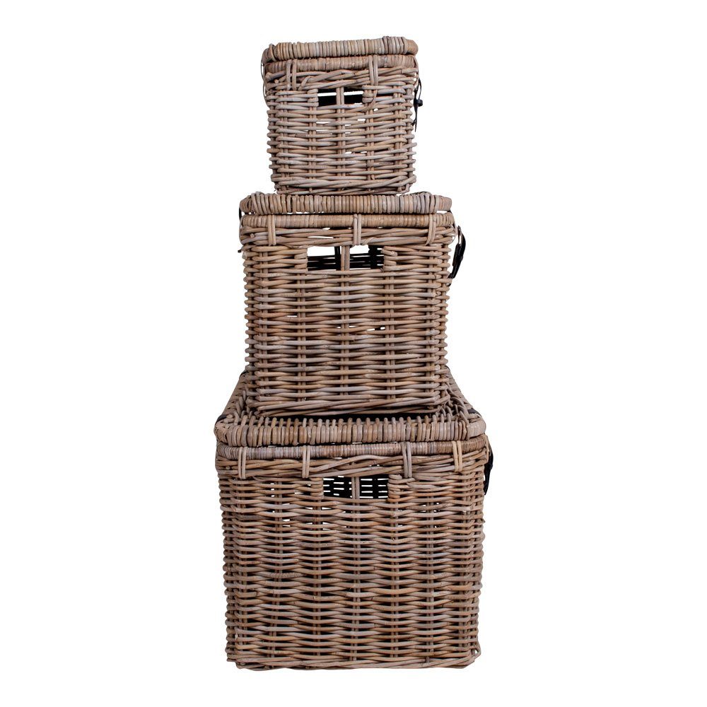 LebensWohnArt Truhe 3 tlg.Truhen-Set KOPED Kubu-Rattan + Ledergriffen