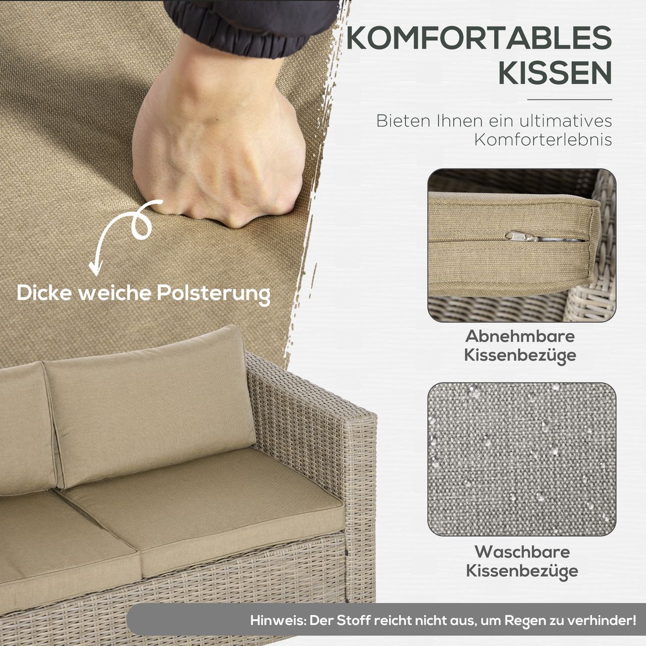 Outsunny 4-tlg. Polyrattan Gartenmöbel Set Gartengarnitur Garten-Set Sitzgruppe Loungeset Loungemöbel mit Couchtisch Sitzkissen Khaki Beige