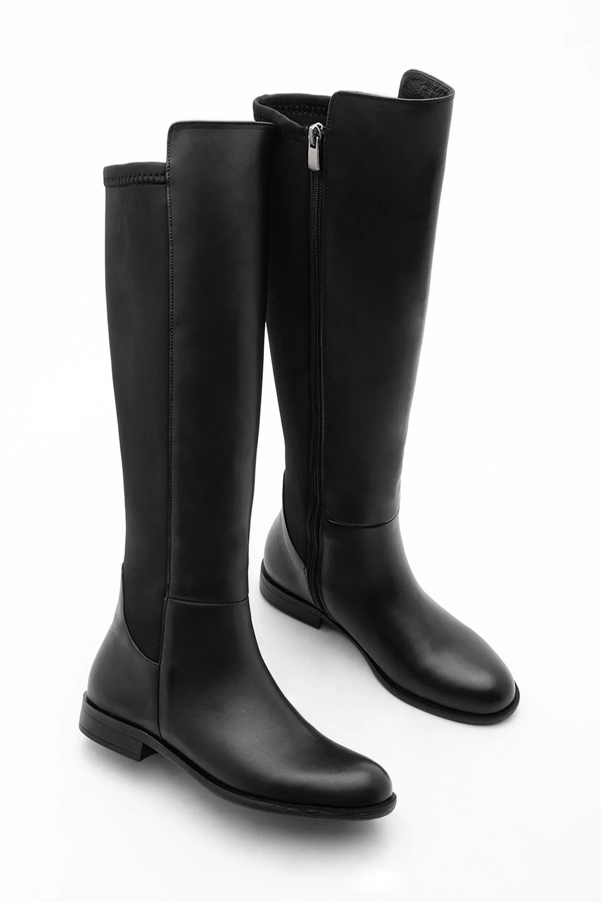 Marjin  Damen Stiefeletten aus echtem Leder mit Stretchanteil, elastisch, kniehoch, Reißverschluss, Zolen Schwarz
