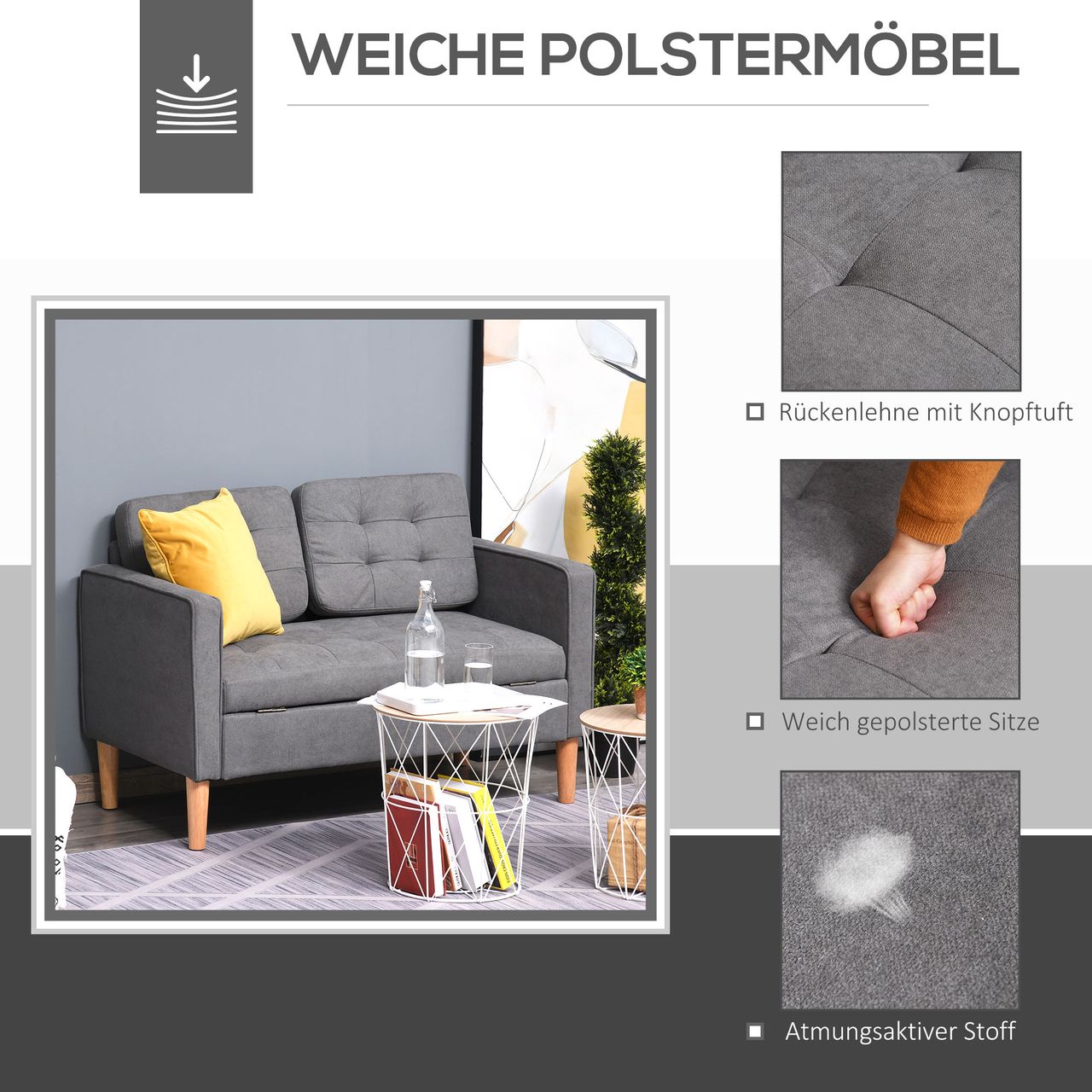 HOMCOM 2-Sitzer Sofa Stoffsofa Doppelsofa abnehmbar mit Kissen Gummiholz Baumwoll Grau 117 x 62 x 78 cm