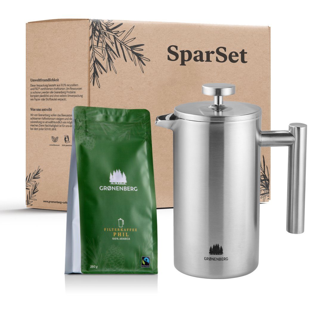 GRØNENBERG French Press Kanne Spar Set 1.1: Bio Kaffeebohnen 250g + French Press (3 Größen), Mit Thermo Effekt & inkl. Ersatz Filter