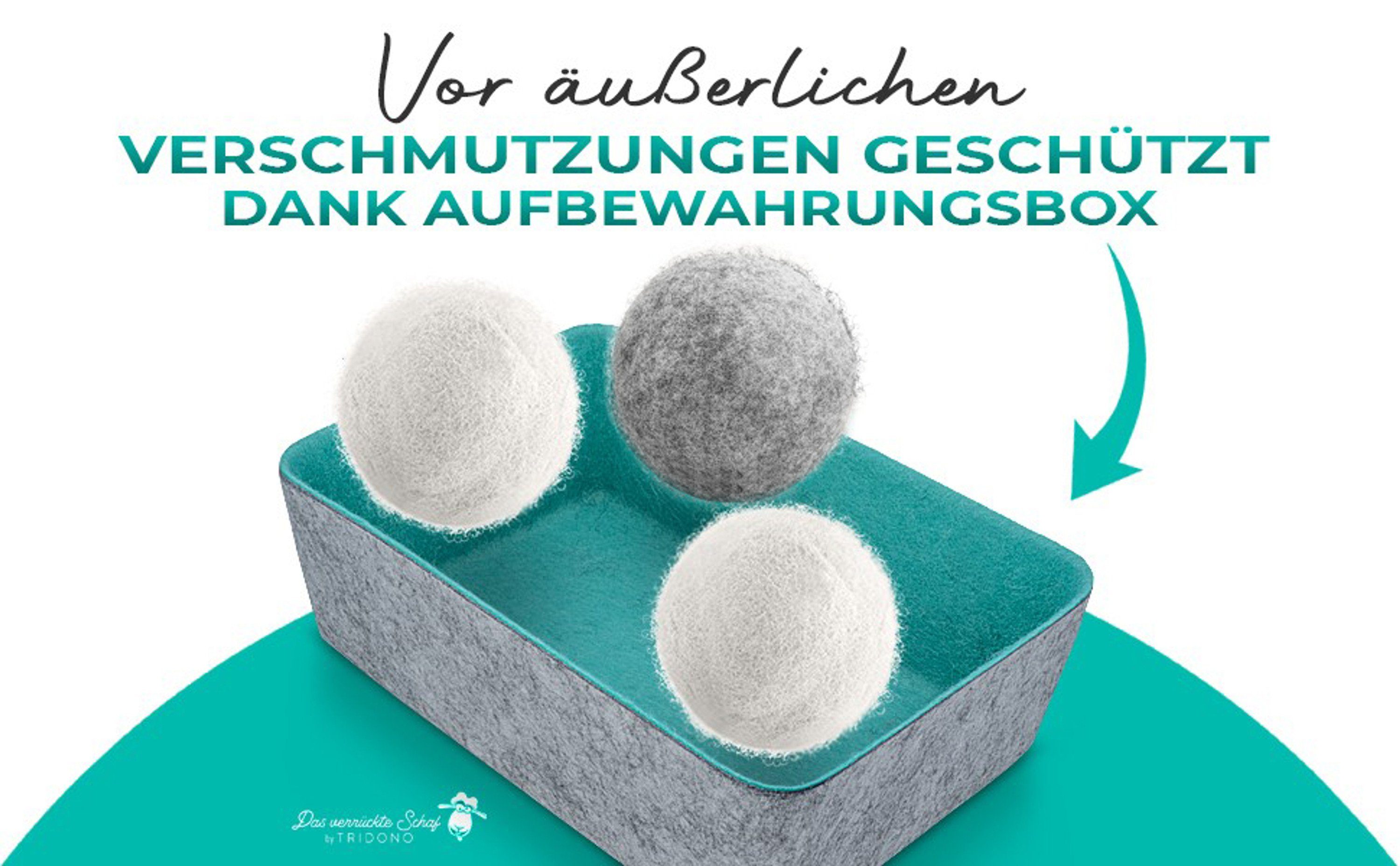 Tridono Trocknerball Das Verrückte Schaf Trocknerbälle Nachhaltige Dryer Balls für Wäschetrockner 6er Set weiße Filzbälle aus 100% Schafwolle mit Aufbewahrungsbox Natürlicher Weichspüler-Ersatz.