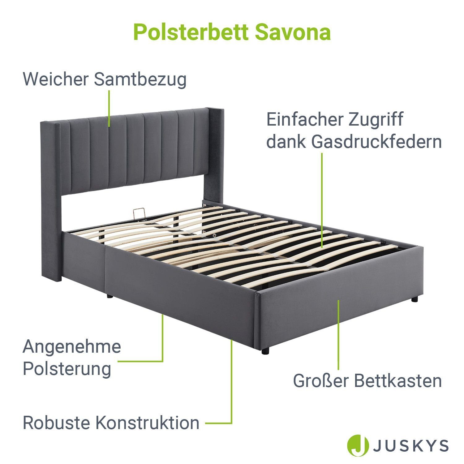 Juskys Polsterbett Savona, großer Bettkasten, mit Gasdruckfeder, weicher Samt-Bezug