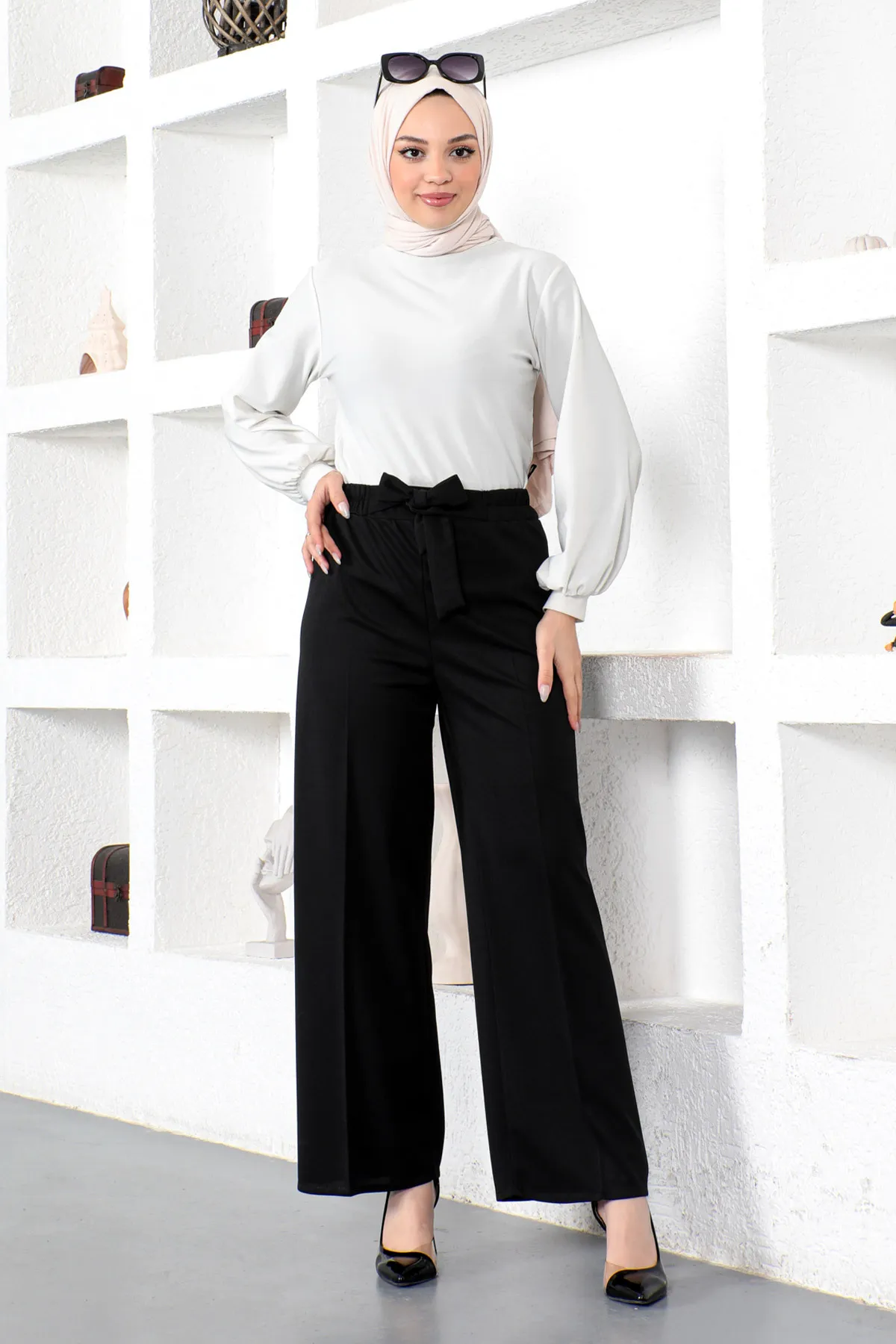 Tesettür Dünyası  Hose mit weitem Bein und elastischer Taille Tsd230109 Schwarz