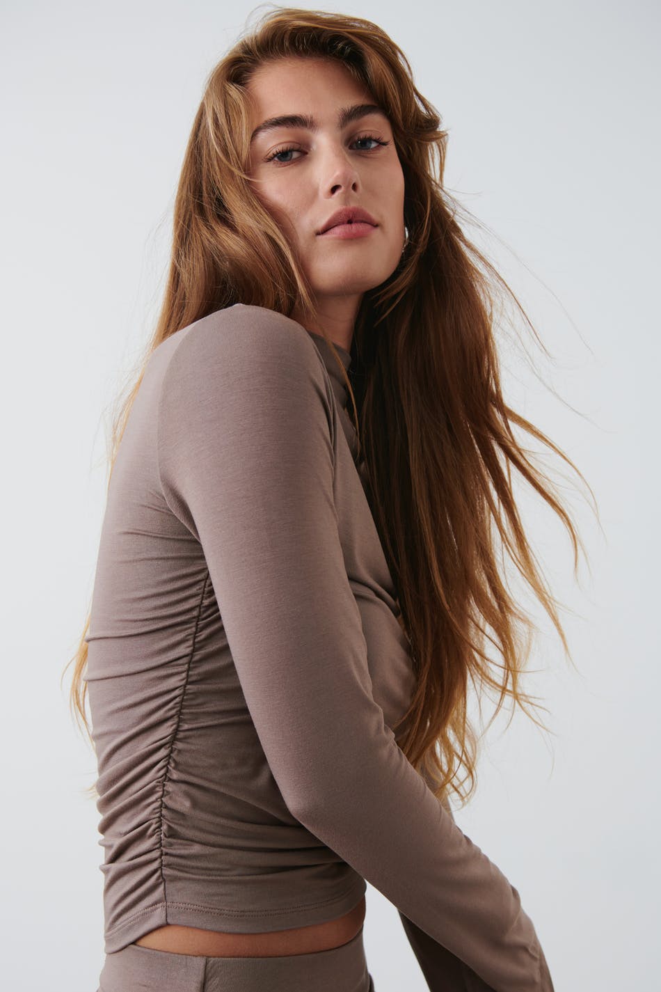 Soft touch funnel neck ls top