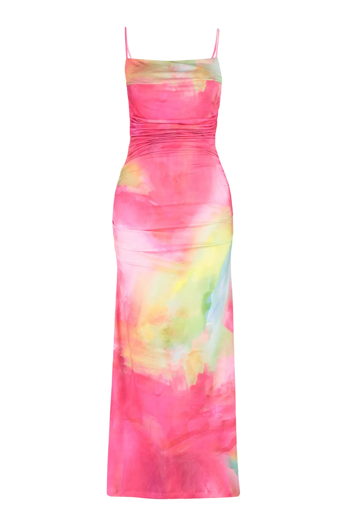 Trendyol Collection  Limited Edition – Rosa bedrucktes, dehnbares Strick-Bleistiftkleid mit Midi-Trägern TWOSS24EL00566