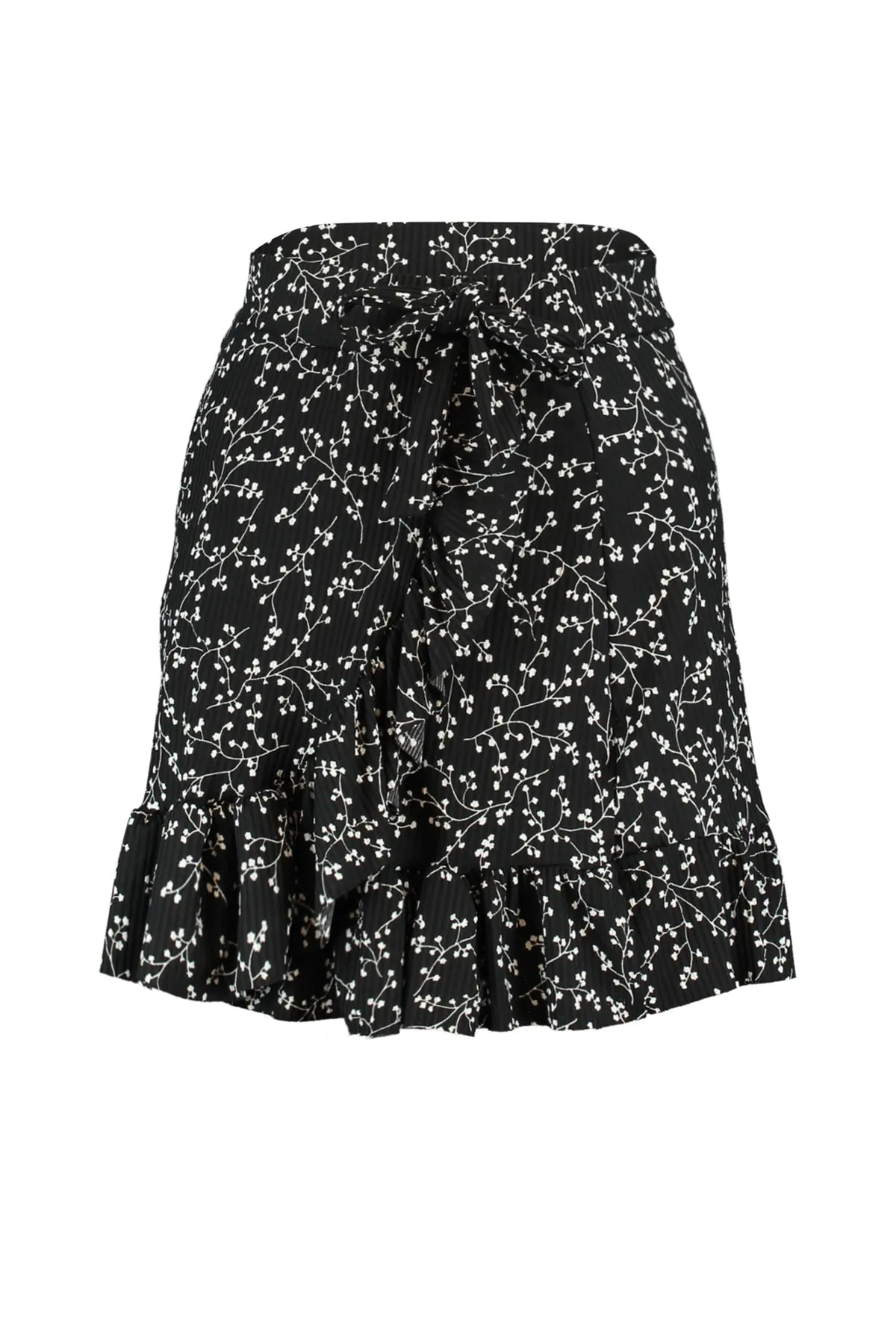 Trendyol Collection  Schwarzer bedruckter, hoch taillierter, dehnbarer Mini-Strickrock mit Volant TWOSS21ET0010