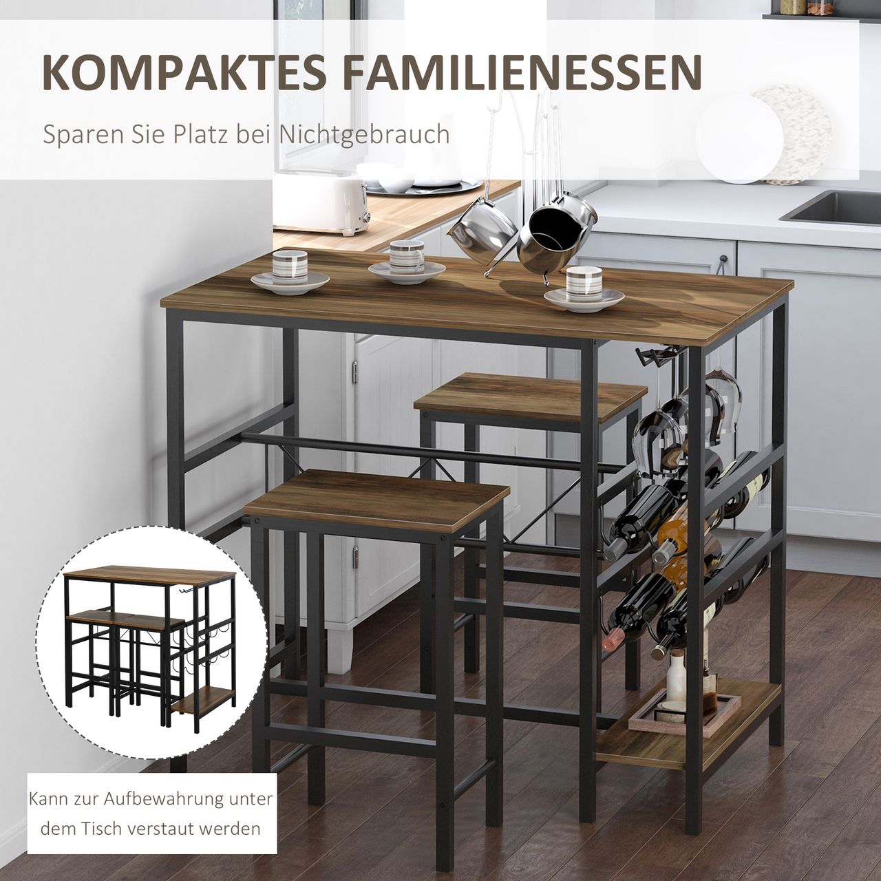 HOMCOM Bartisch-Set, Stehtisch mit 2 Barhockern, 3-teiliges Tischset Küchentresen mit Flaschenhalterung Spanplatte, Stahl, Natur Schwarz, 108 x 60x 95H cm
