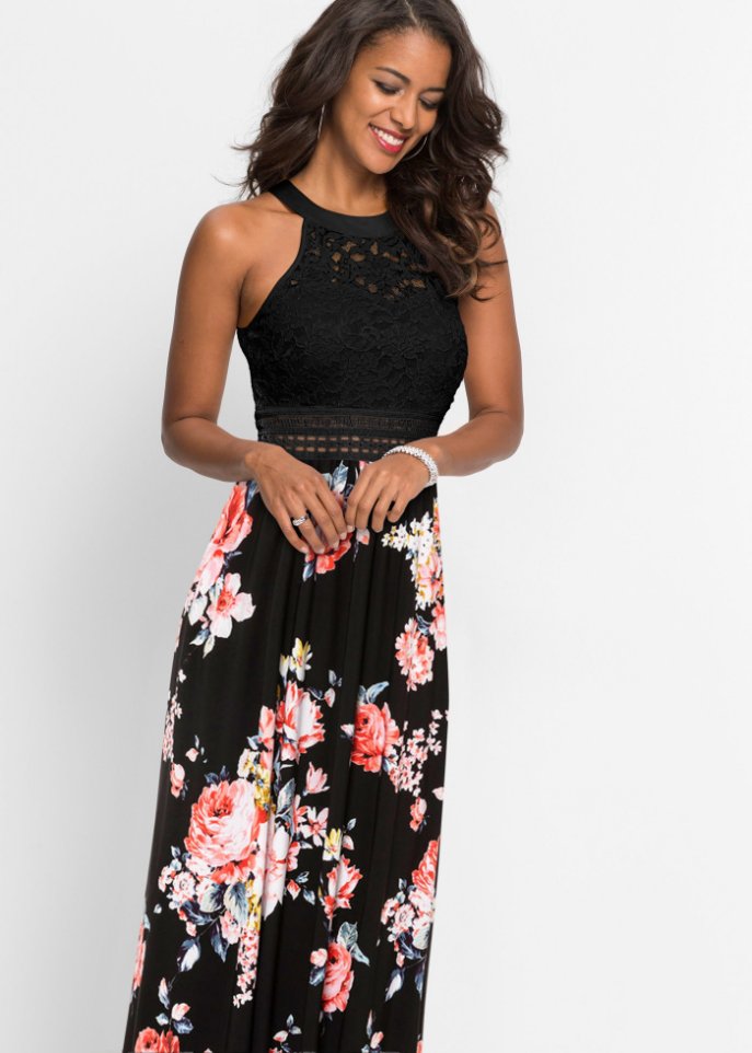 Sommer-Maxikleid mit Blumen-Print und Spitze