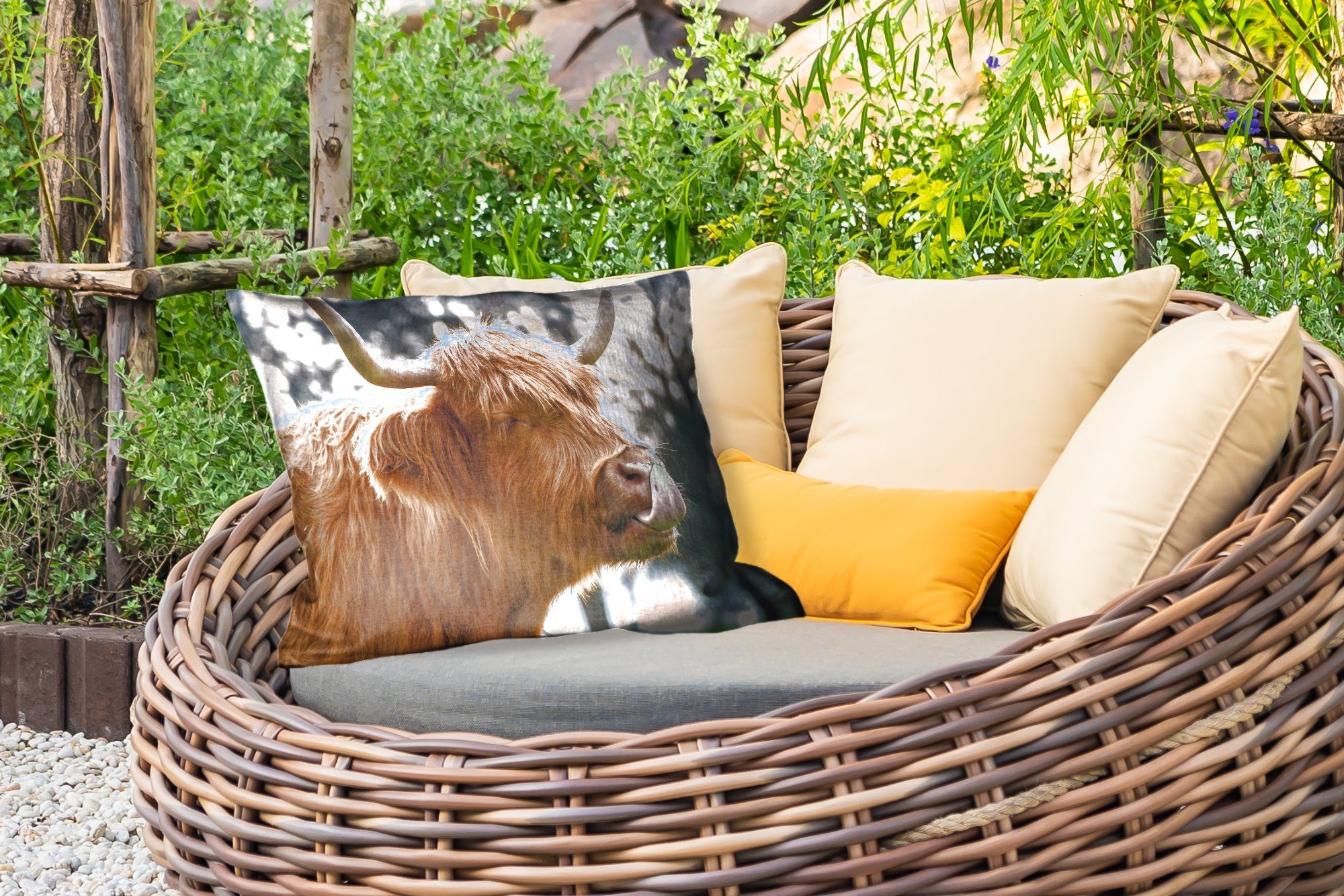 MuchoWow Dekokissen Schottischer Hochländer - Kuh - Frühling - Tiere, Outdoor-Dekorationskissen, Polyester, Dekokissenbezug, Kissenhülle