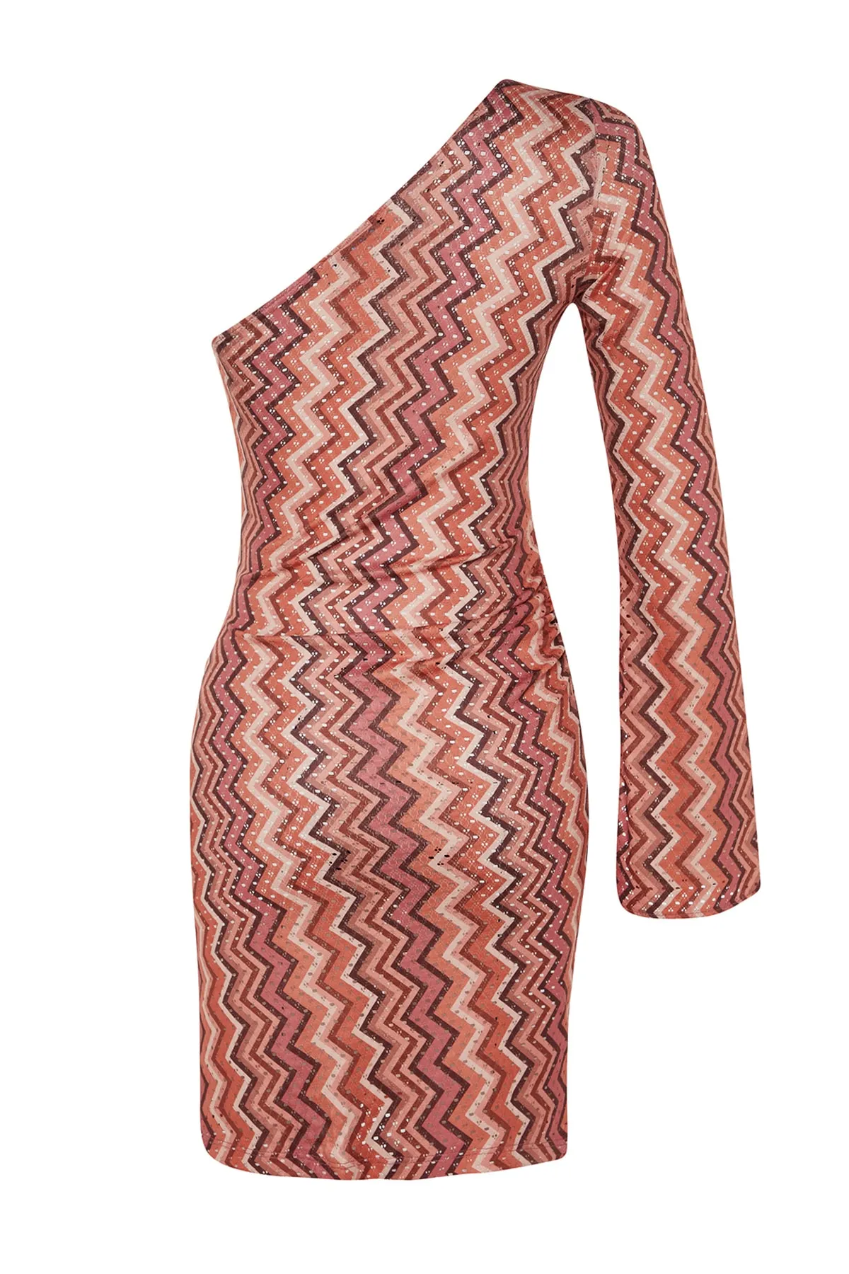 Trendyol Collection  Geometrisch gemustertes, tailliertes, gestricktes Mini-Strandkleid mit einer Schulter TBESS23EL00206